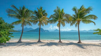 Obraz premium Under a clear blue sky, four palm trees grow on a beautiful white sand beach, calm turquoise water gently lapping the shore, creating a perfect tropical paradise.
