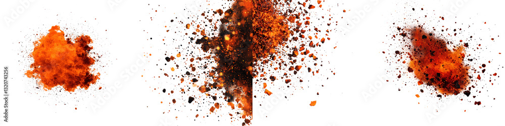 Poster Dramatic fiery explosion with bright orange and red flames bursting forth along with intense spark bursts and chaotic turbulent motion  The image conveys a sense of power force