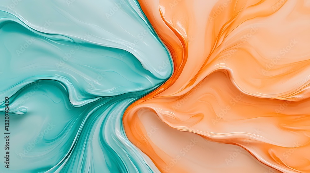 Poster the image shows an abstract painting of swirling teal and peach colors that blend together in a flui