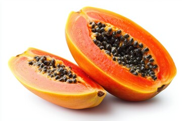 Sliced papaya freshness on white vivid backdrop vibrant orange hues with juicy pulp and tropical deliciousness