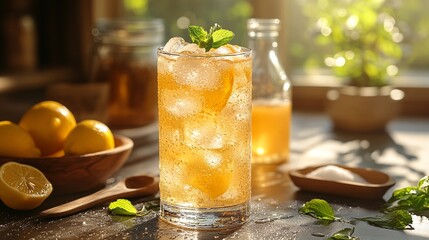 Fototapeta premium Refreshing iced lemonade with mint, capturing the essence of summer in a glass. Quench your thirst with this sunny beverage