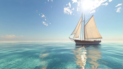 Fototapeta premium Serene sailboat glides across calm turquoise ocean under a bright sun and few clouds