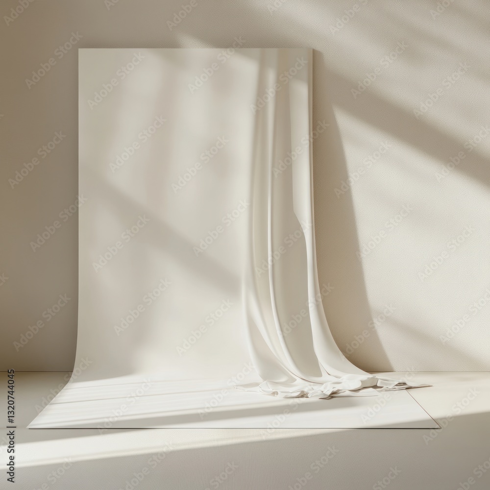 Poster elegant backdrop featuring soft white fabric in sunlit studio creating serene visual harmony design