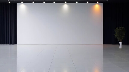 Sleek science fiction interior featuring stark white wall, dramatic spotlighting, reflective surface, black curtain backdrop creating contemporary exhibition space