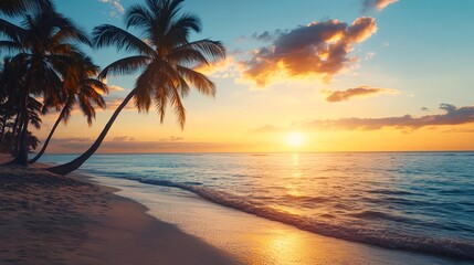Tropical Sunset Beach, Palm Trees, Ocean - Golden Hour/Sunset photo.