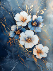 Abstract Blue and Gold Floral Painting with Alcohol Ink Effect and 3D Accents