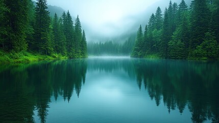 Under a soft, overcast sky, evergreen trees reflect stunningly in a calm mountain lake's lush, tranquil waters.