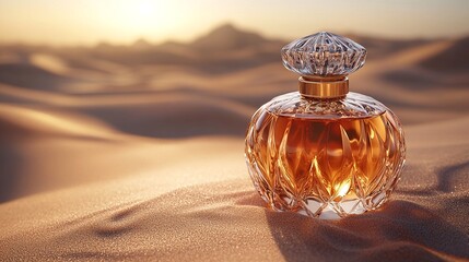 Elegant perfume bottle showcased on golden sand dunes. A timeless essence captured against the backdrop of a serene desert landscape.