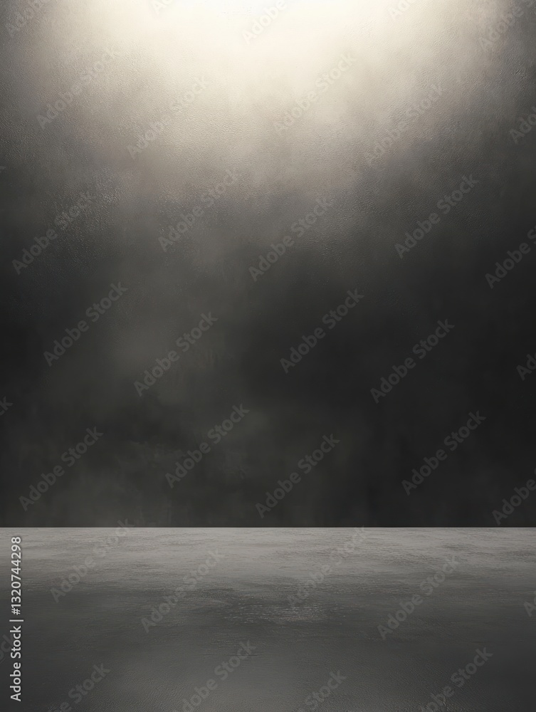Poster dark interior space with concrete floor illuminated by light from above creating a moody atmosphere