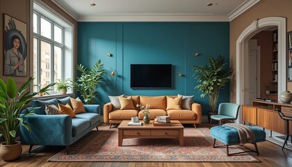 Comfortable living room with teal accent wall and cozy furniture arrangement. A serene and inviting space for relaxation and entertainment.