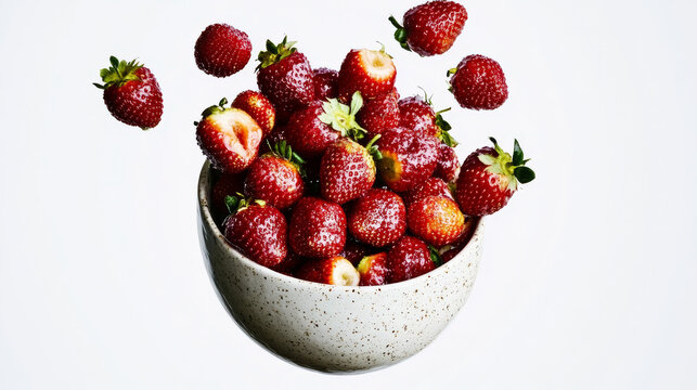 Ripe strawberries jumping and falling into a ceramic bowl on a plain white background, creating a dynamic and appetizing scene