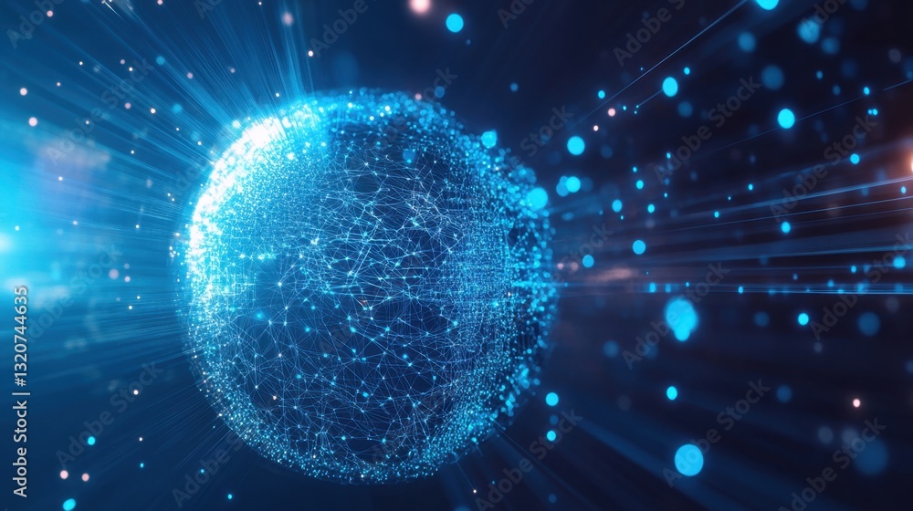 Poster a high-tech futuristic wireframe globe with dynamic motion blur and blue light trails