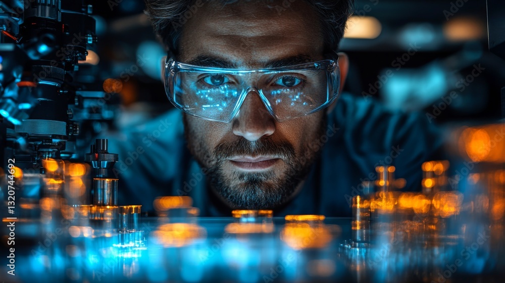 Poster an engineer in protective goggles examines intricate machinery for steel and aluminum fabrication. t