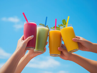 Friends toasting colorful smoothies against blue sky