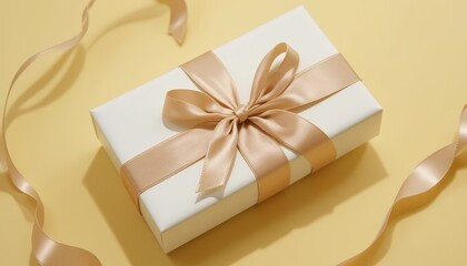 Neatly wrapped white gift box with a beige ribbon and bow, set against a soft yellow background, suggesting elegance and celebration.