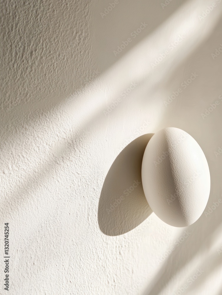 Poster minimalist composition of an egg casting a shadow on a textured surface with light ray effects neutr