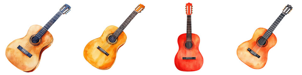 Fototapeta premium Collection of Acoustic Guitars in Different Shapes Sizes and Color Variations Representing Musical Creativity and Performance