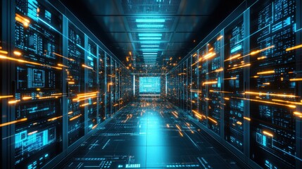 Fototapeta premium A high-tech server room with data flowing as glowing lines representing artificial intelligence processing