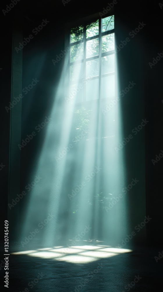 Poster light beams filter through an open window creating a serene atmosphere in an empty room during dayli