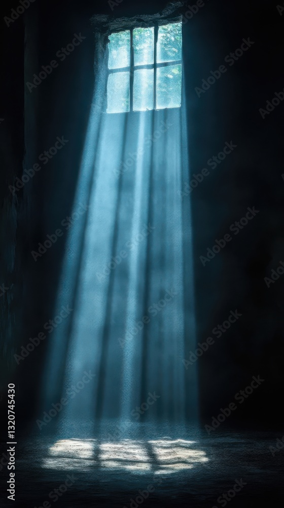 Poster light beams penetrate through a small window creating an ethereal atmosphere in a dark room