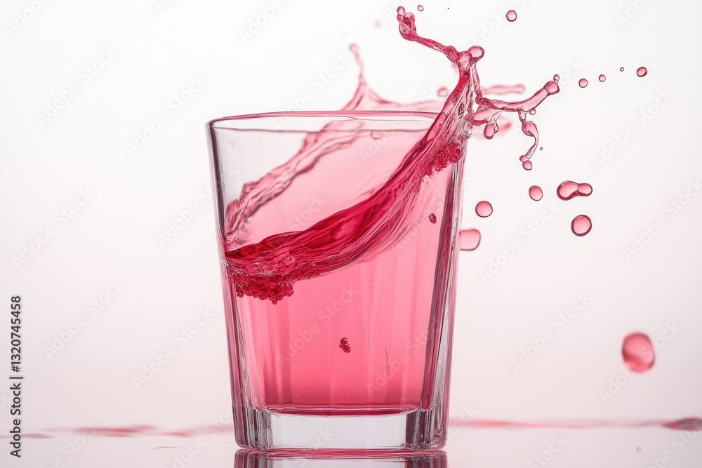 Poster a close-up shot of red liquid pouring into a glass of water, creating ripples and mixing with the cl