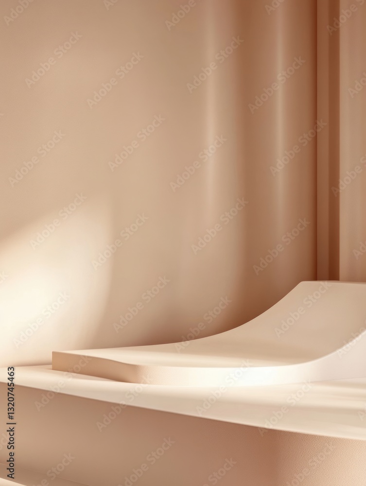Poster minimalist studio platform in light peach tones smooth walls and geometric shapes soft lighting pres