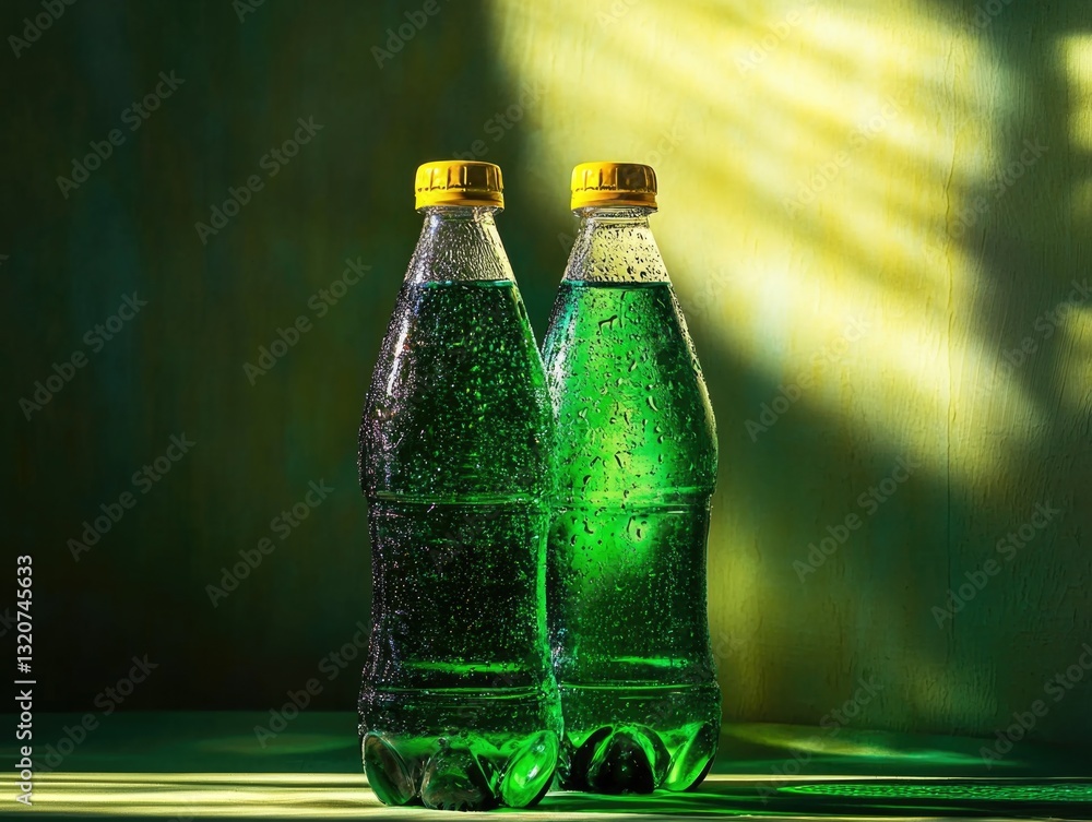 Poster two empty water bottles sit on a table, waiting for use