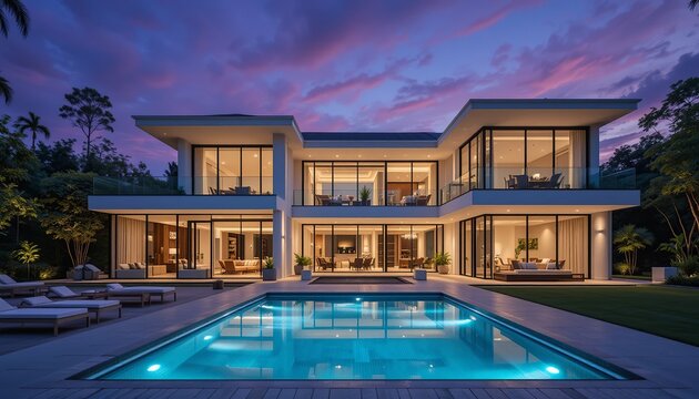 Modern luxury home featuring a swimming pool under a colorful sky, epitomizing upscale residential living at dusk.