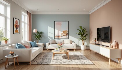 Modern living room: A bright, airy space with contemporary furniture, art, and a harmonious color palette for relaxation and style.