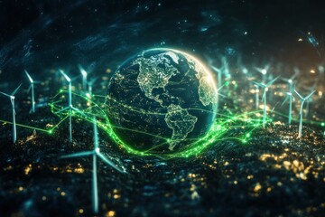 Obraz premium Earth globe surrounded by wind turbines in a city, showing energy network