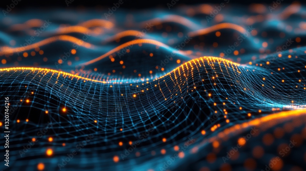 Aufkleber abstract digital landscape with glowing particles and mesh structure representing data visualization