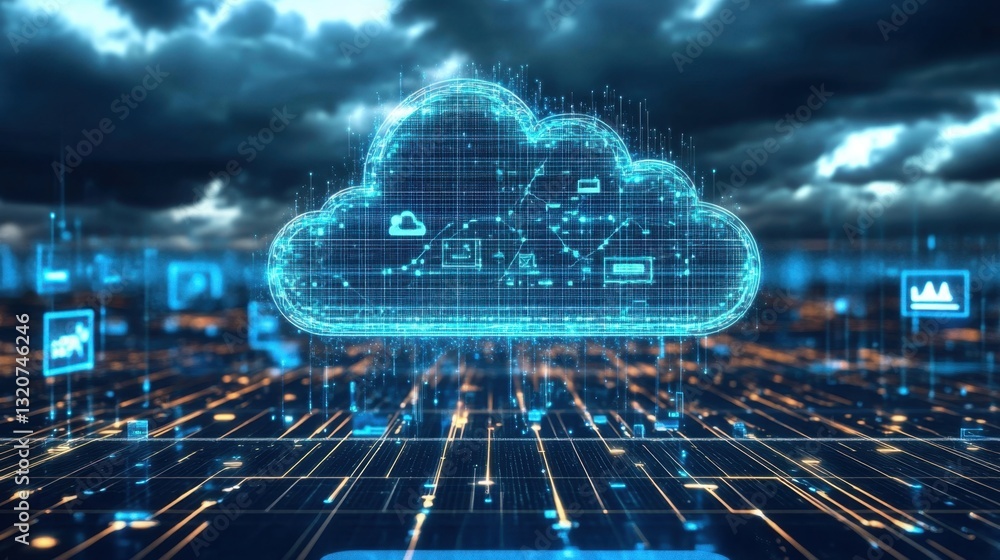 Poster a holographic cloud computing dashboard managing a decentralized application ecosystem