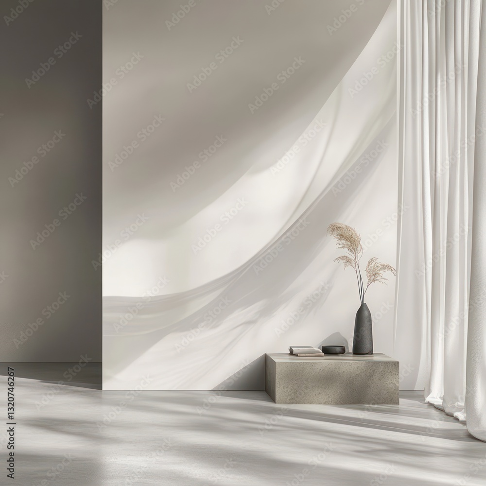 Poster serene indoor scene with flowing fabric shadows casting gentle light abstract vase on concrete block
