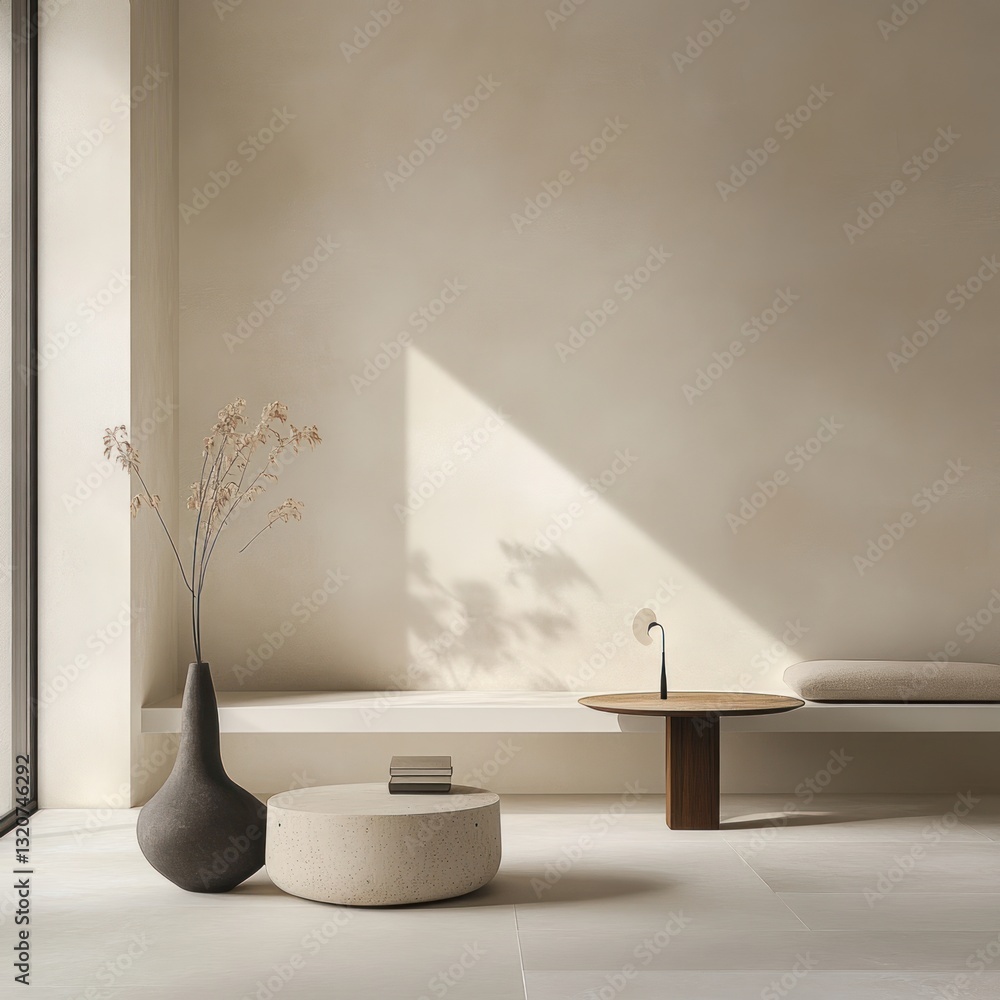 Poster serene interior with minimalist design elements creating a calm and inviting atmosphere beige color 