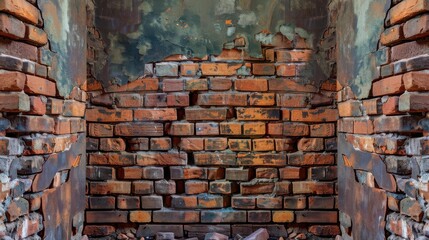 Urban exploration reveals remnants of a decaying brick wall in an abandoned building showcasing vibrant colors and textures