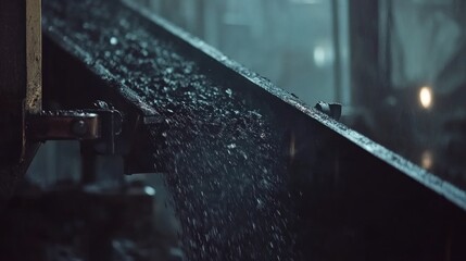 Dark, gritty close-up of a conveyor belt carrying a dark, granular material
