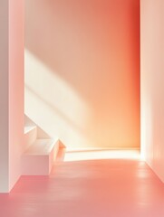 Obraz premium Peach Pastel Hallway with Gentle Sunlight Cascading Across Minimalist Steps and Walls Creating an Abstract Serene and Warm Ambiance