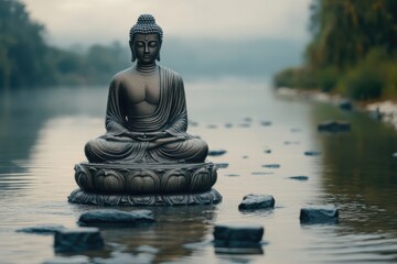 Serene Buddha statue surrounded by tranquil water and stones at dawn in a peaceful natural setting