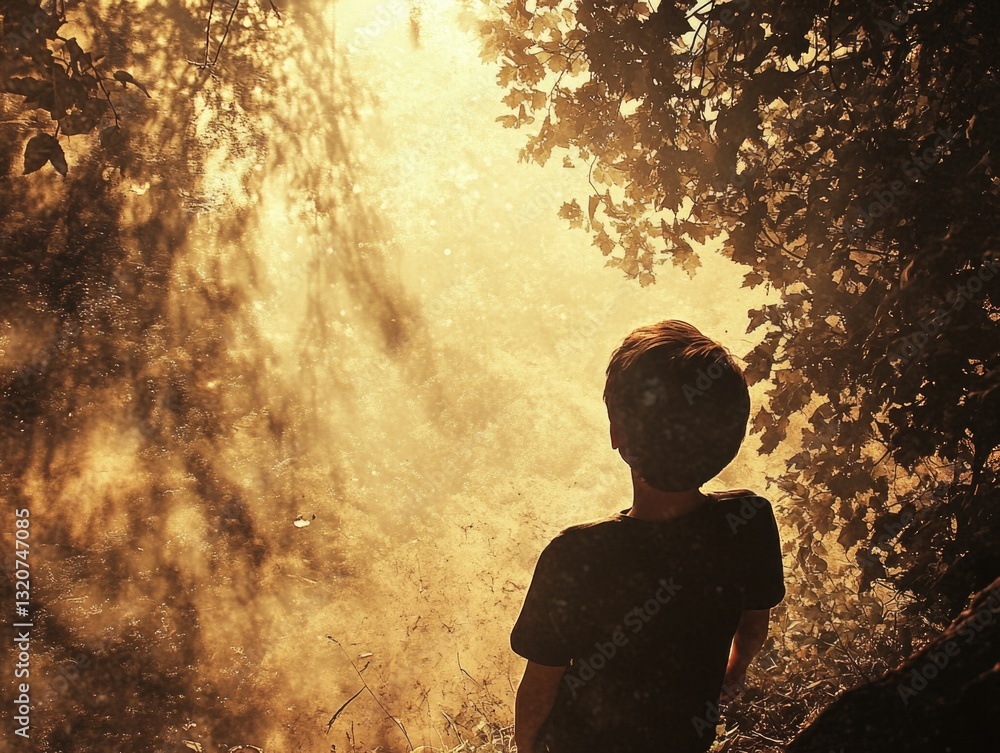 Poster a young boy stands in front of a tree, looking up at the branches