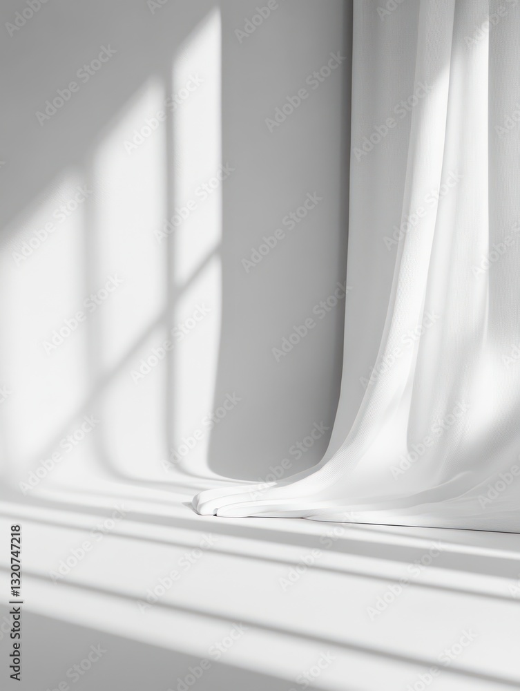 Poster serene studio shot of draped white fabric illuminated by window light casting shadows in minimal sty