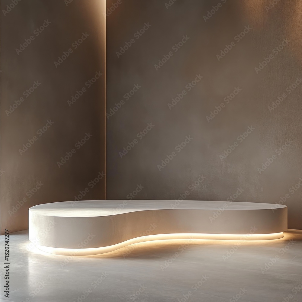 Poster neutral minimalist product display stage with soft illumination and beige background interior render