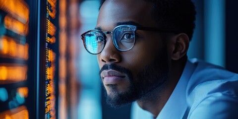 Focused professional analyzing data in a modern office environment with illuminated screens during evening hours