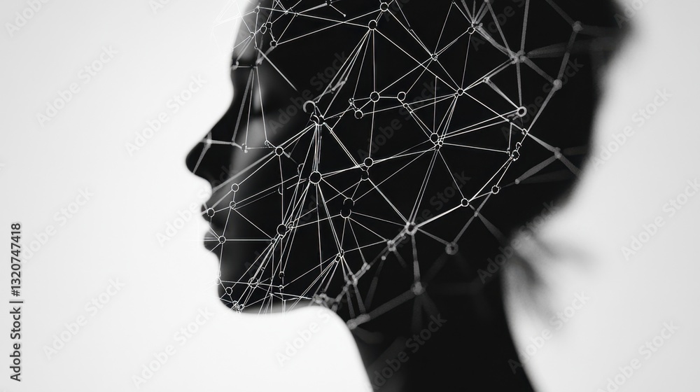 Poster a machine learning visualization with interconnected nodes forming a human head silhouette