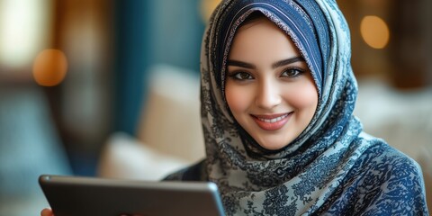 Young woman in a stylish hijab enjoys using a tablet in a cozy cafe setting during the afternoon