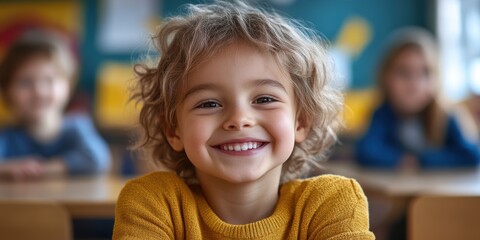 Bright smile of a young student in a classroom during a sunny day filled with joy and laughter among classmates