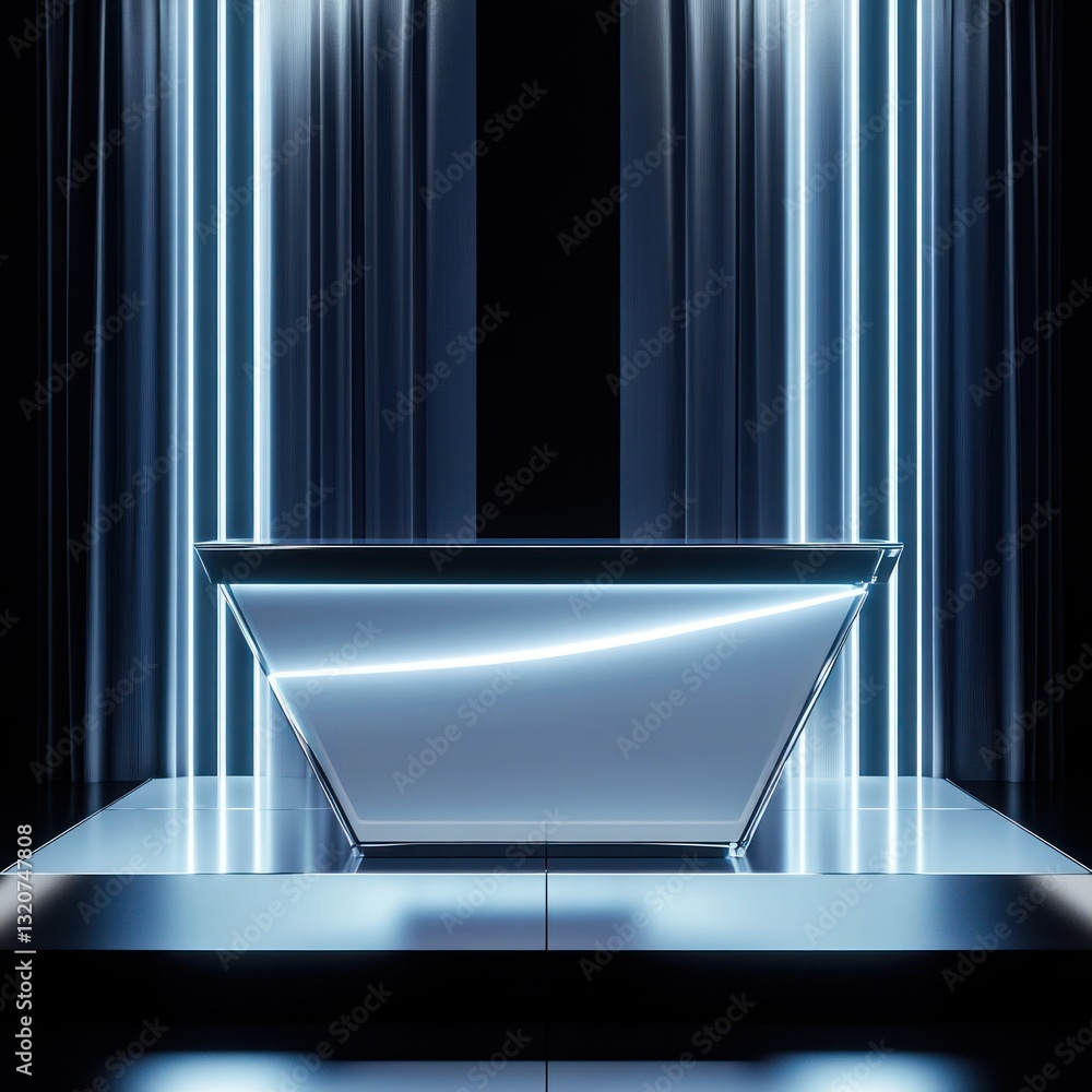 Poster abstract reception desk glowing with blue light in a modern and futuristic architecture