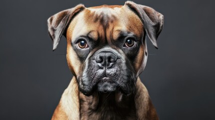 Obraz premium Close-up of a dog's face showcasing its expressive features and warm brown fur against a dark background in a studio setting