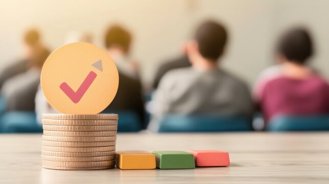 Financial Inclusion microfinance concept. Stacked coins with a check mark; people blurred in the background.