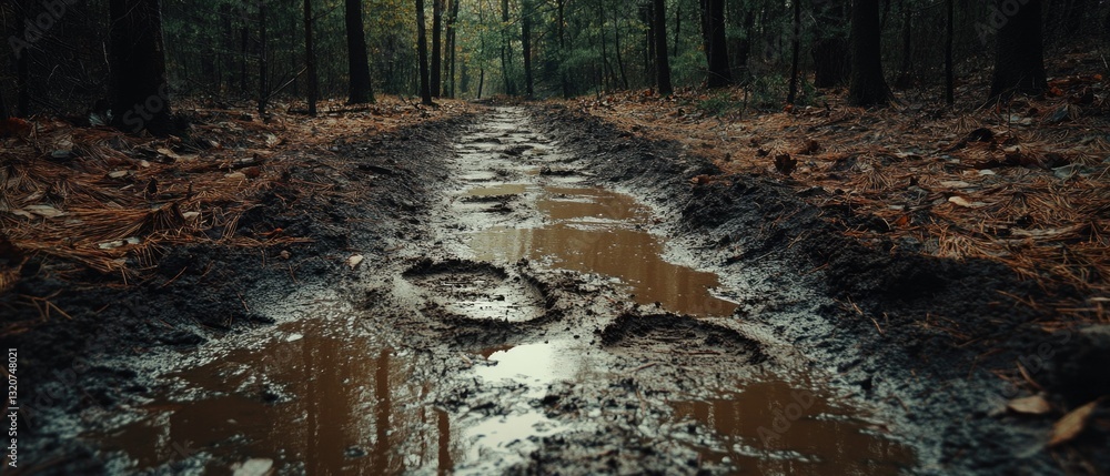 Poster A dirty path through a forest surrounded by tall trees