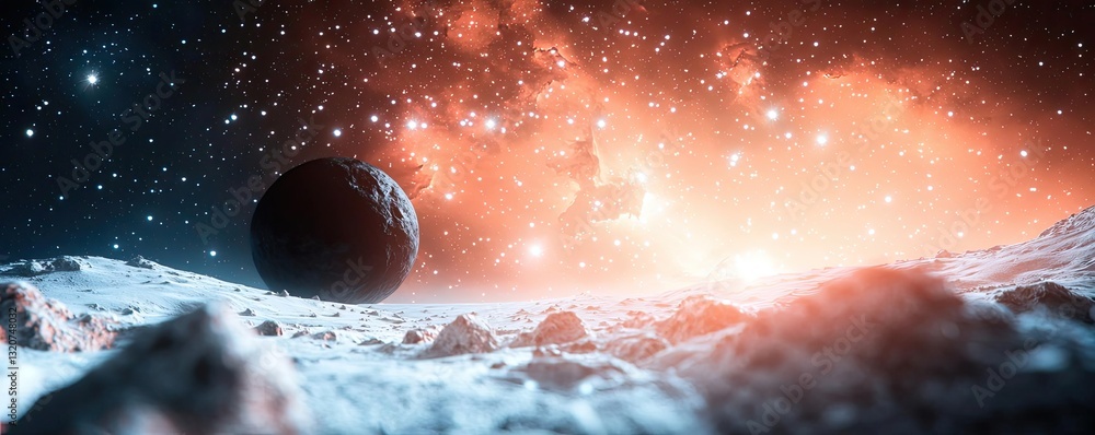 Poster dark sky concept. stunning cosmic view of a planet with bright galaxy and glowing stars in the backg